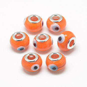 Handmade Evil Eye Lampwork European Beads, with Brass Double Cores, Large Hole Beads, Rondelle, Platinum, Coral, 14~15x10~11mm, Hole: 5mm