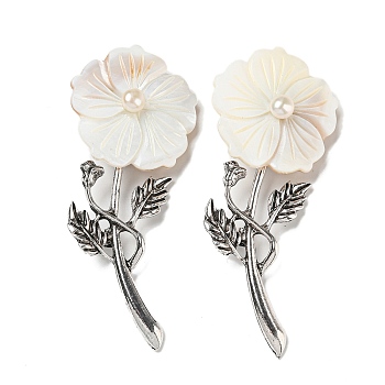 Freshwater Shell Flower Alloy Brooch, with Freshwater Pearls, Antique Silver, Seashell Color, 77x33x8mm