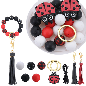 DIY Ladybird Keychain Making Kit, Including Acrylic Beads, PU Leather Tassel Pendant, Iron Split Key Ring, Elastic Thread, Mixed Color, 48Pcs/bag