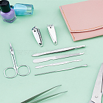 PVC Leather Case & Zinc Alloy & Carbon Steel Manicure Tools Sets: EarPicks, Eyebrow Trimmer Scissor, Nail Polish Strip, Nail Clipper, Eyebrow Clip, Hard Skin Remover, Tweezers, Pink, 9.5x7.8x1.3cm(MRMJ-WH0086-62C)