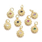 Brass Micro Pave Cubic Zirconia Pendants, with Jump Ring, Cadmium Free & Lead Free, Sun with Eye, Real 18K Gold Plated, Mixed Color, 12.5x10x2.7mm, Jump Rings: 5x0.8mm, Inner Diameter: 3mm(KK-P187-16-G)