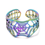 Ion Plating(IP) 304 Stainless Steel Hollow Spider Web Open Cuff Ring for Women, Rainbow Color, US Size 6(16.5mm)(RJEW-M149-25RC)