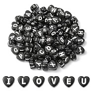 Craft Style Acrylic Beads, Horizontal Hole, Heart with Random Mixed Letters, White, 6.5x6.5x4mm, Hole: 1.5mm(MACR-YW0002-22B)