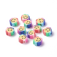 Handmade Polymer Clay Beads, Flower with Smile Face, Colorful, 9~10.5x4.5mm, Hole: 1.6mm(X-CLAY-I010-15)