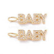 Brass Micro Pave Clear Cubic Zirconia Pendants, Long-Lasting Plated, Word Baby, Real 18K Gold Plated, 24.5x7x1.6mm, Hole: 3x4mm(X-ZIRC-L093-73G)