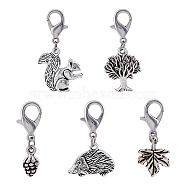 10 Sets Autumn Alloy Pendants Decorations Set, Hedgehog & Tree & Leaf & Pine Cone & Squirrel Lobster Clasp Charms, Clip-on Charm, for Keychain, Purse, Backpack Ornament, Antique Silver, 33mm, 5pcs/set(HJEW-FH0001-48)