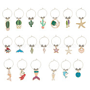 20Pcs 20 Style Ocean Theme Alloy Enamel Wine Glass Charms, with Brass Hoop Earring Findings, Mermaid & Shell & Starfish & Cactus & Fishbone Shape, Mixed Color, 48~62mm, Pin: 0.8mm, 1pc/style(AJEW-BC0003-78)
