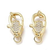 Brass Micro Pave Clear Cubic Zirconia Lobster Claw Clasps, with Jump Rings, Long-Lasting Plated, Hamsa Hand/Hand of Fatima /Hand of Miriam, Real 18K Gold Plated, 17x10.5x5.9mm, Hole: 3.5mm(ZIRC-Q024-19G)