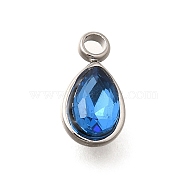 304 Stainless Steel Pendants, with Rhinestone, Stainless Steel Color, Teardrop, Light Sapphire, 10.5x5.5x0.5mm, Hole: 1.8mm(STAS-Q346-04P-01)