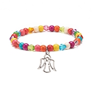 Synthetic Turquoise(Dyed) & Acrylic Beaded Stretch Bracelet with Alloy Charm for Women, Colorful, Angel & Fairy Pattern, Pendant: 20x17x1mm, Inner Diameter: 2-1/8 inch(5.5cm)(BJEW-JB08627-05)