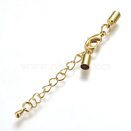 Brass Chain Extender, with Lobster Claw Clasps and Cord Ends, Long-Lasting Plated, Golden, 59~61mm, Cord End: 9x4mm, Inner Diameter: 3.5mm(KK-P170-01G)