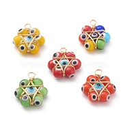 Handmade Lampwork Pendants, with Handmade Evil Eye Lampwork Round Bead and Eco-Friendly Copper Wire Copper Beading Wire, Mixed Color, 22.5x18x6mm, Hole: 3mm(PALLOY-JF00618)
