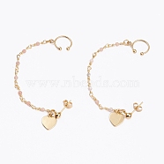 304 Stainless Steel Stud Earrings, with Clip-on Earrings and Natural Moonstone Beaded Chains, Heart, Real 18K Gold Plated, 15mm, Pin: 0.7mm(EJEW-JE04526-04)