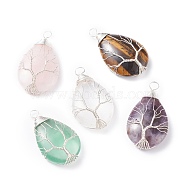 Natural Amethyst & Natural Tiger Eye & Natural Green Fluorite & Natural Rose Quartz & Natural Quartz Crystal  Pendants, with Silver Tone Copper Wire Wrapped Tree, Teardrop, 46x26x12mm, Hole: 5mm(PALLOY-JF01307)