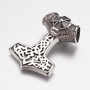 304 Stainless Steel Big Pendants, Thor's Hammer with Cross, Antique Silver, 39x54x20mm, Hole: 11mm(STAS-K171-23AS)
