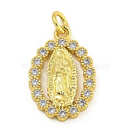 Virgin Mary Theme Rack Plating Brass Micro Pave Cubic Zirconia Pendants, Long-Lasting Plated, Cadmium Free & Lead Free, Real 18K Gold Plated, Oval, 18.5x12x2.5mm, Hole: 2.5mm(KK-C074-70G-03)