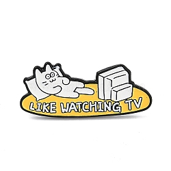 Funny Cat with Word Like Watching TV Enamel Pins, Alloy Brooches for Backpack Clothes, Yellow, 12.5x28mm(JEWB-L018-04EB-04)