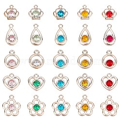 CHGCRAFT 100Pcs 5 Style UV Plating ABS Plastic Pendants, with Acrylic Rhinestone, Faceted, Heart & Flower & Flat Round & Teardrop & Crown, Mixed Color, 19~30x16~24.5x7mm, Hole: 2~3mm, 5 style, 20pcs/style, 100pcs(KY-CA0001-18)
