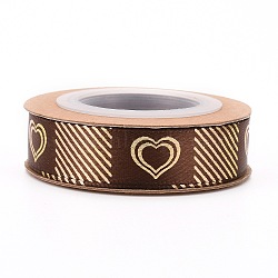 Polyester Ribbons, Single Face Golden Hot Stamping, for Gifts Wrapping, Party Decoration, Heart Pattern, Coconut Brown, 5/8 inch(17mm), 10yards/roll(9.14m/roll)(SRIB-H038-02H)