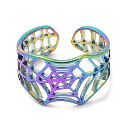 Ion Plating(IP) 304 Stainless Steel Hollow Spider Web Open Cuff Ring for Women, Rainbow Color, US Size 6(16.5mm)(RJEW-M149-25RC)