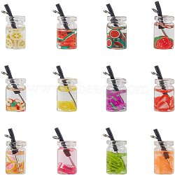 Glass Bottle Pendants, with Resin, Plastic and Iron Findings, Imitation Bubble Tea, Mixed Color, 25~28x10mm, Hole: 1.8mm, 60pcs/box(CRES-NB0001-07)