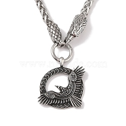 304 Stainless Steel Wheat Chain Raven Viking Huginn Muninn Pendant Necklaces for Men, Antique Silver, 23.43 inch(59.5cm)(NJEW-K278-07AS)