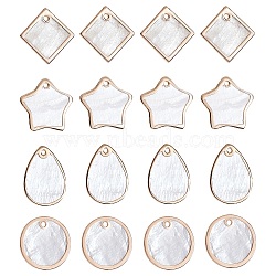 CHGCRAFT 16Pcs 4 Style Natural Capiz Shell Pendants, with Brass Edge Plated, Star & Flat Round & Rhombus & Teardrop, Mixed Color, 18~21x18~21x1~2mm, Hole: 1.2~1.5mm, 4pcs/style(SHEL-CA0001-014)