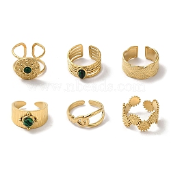 6Pcs 6 Style Flat Round & Oval & Hollow 304 Stainless Steel Open Cuff Rings Set, Synthetic Malachite & Malaysian Jade Stackable Rings, Real 18K Gold Plated, Inner Diameter: 17.6~18mm, 1Pc/style(RJEW-P092-05G-M)