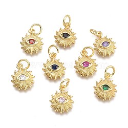 Brass Micro Pave Cubic Zirconia Pendants, with Jump Ring, Sun with Eye, Real 18K Gold Plated, Mixed Color, 12.5x10x2.7mm, Jump Rings: 5x0.8mm, Inner Diameter: 3mm(KK-P187-16-G)