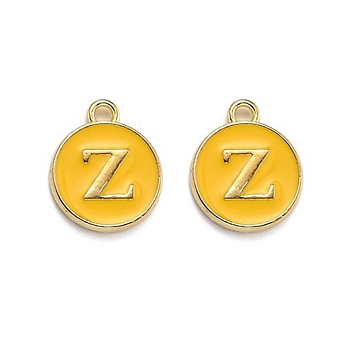 Golden Plated Alloy Enamel Charms, Enamelled Sequins, Flat Round with Alphabet, Letter.Z, Yellow, 14x12x2mm, Hole: 1.5mm