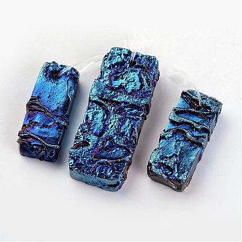 Electroplated Natural Dragon Bone Stone Big Pendants, Rectangle Sets, Blue Plated, 34~50x13~20x7~8mm, Hole: 1~1.5mm