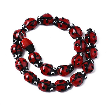 Ladybug Handmade Lampwork Beads Strands, FireBrick, 11~13x8~10x5~6mm, hole: 1mm, about 20pcs/strand, 8.66 inch~9.45 inch(22~24cm). 