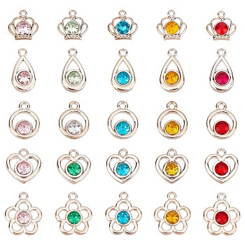 CHGCRAFT 100Pcs 5 Style UV Plating ABS Plastic Pendants, with Acrylic Rhinestone, Faceted, Heart & Flower & Flat Round & Teardrop & Crown, Mixed Color, 19~30x16~24.5x7mm, Hole: 2~3mm, 5 style, 20pcs/style, 100pcs