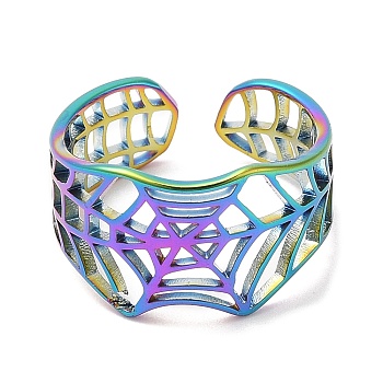 Ion Plating(IP) 304 Stainless Steel Hollow Spider Web Open Cuff Ring for Women, Rainbow Color, US Size 6(16.5mm)