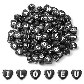 Craft Style Acrylic Beads, Horizontal Hole, Heart with Random Mixed Letters, White, 6.5x6.5x4mm, Hole: 1.5mm
