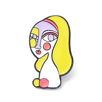 Black Zinc Alloy Brooches, Enamel Pins, for Backpack Cloth, Abstract Face, Yellow, 30x28.5x1.5mm