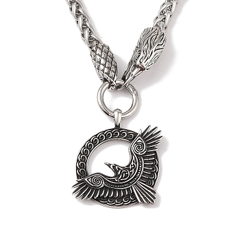 304 Stainless Steel Wheat Chain Raven Viking Huginn Muninn Pendant Necklaces for Men, Antique Silver, 23.43 inch(59.5cm)