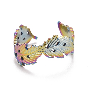 Rainbow Color Ion Plating(IP) 304 Stainless Steel Leaf Wrap Open Cuff Ring for Women, US Size 8 1/2(18.5mm)