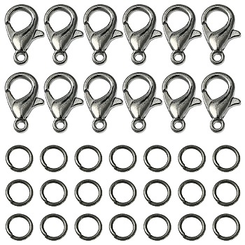 50Pcs Zinc Alloy Lobster Claw Clasps, Parrot Trigger Clasps, with 150Pcs Iron Open Jump Rings, Gunmetal, 12x6mm, Hole: 1.2mm