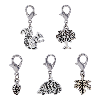10 Sets Autumn Alloy Pendants Decorations Set, Hedgehog & Tree & Leaf & Pine Cone & Squirrel Lobster Clasp Charms, Clip-on Charm, for Keychain, Purse, Backpack Ornament, Antique Silver, 33mm, 5pcs/set