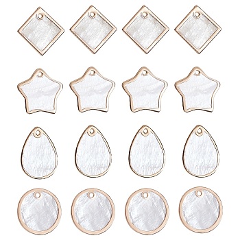 CHGCRAFT 16Pcs 4 Style Natural Capiz Shell Pendants, with Brass Edge Plated, Star & Flat Round & Rhombus & Teardrop, Mixed Color, 18~21x18~21x1~2mm, Hole: 1.2~1.5mm, 4pcs/style