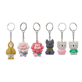 6Pcs 6 Styles Cartoon Animals PVC Plastic Keychain, with Iron Split Key Rings, Mixed Color, 101~116mm, 1pc/style