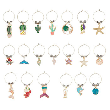 20Pcs 20 Style Ocean Theme Alloy Enamel Wine Glass Charms, with Brass Hoop Earring Findings, Mermaid & Shell & Starfish & Cactus & Fishbone Shape, Mixed Color, 48~62mm, Pin: 0.8mm, 1pc/style