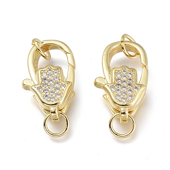Brass Micro Pave Clear Cubic Zirconia Lobster Claw Clasps, with Jump Rings, Long-Lasting Plated, Hamsa Hand/Hand of Fatima /Hand of Miriam, Real 18K Gold Plated, 17x10.5x5.9mm, Hole: 3.5mm