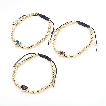 Nylon Thread Braided Bead Bracelets, with Brass Micro Pave Cubic Zirconia Beads, Lead Free & Cadmium Free, Heart, Golden, 2-1/8 inch~3-3/8 inch(5.3~8.6cm)