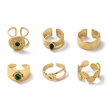 6Pcs 6 Style Flat Round & Oval & Hollow 304 Stainless Steel Open Cuff Rings Set, Synthetic Malachite & Malaysian Jade Stackable Rings, Real 18K Gold Plated, Inner Diameter: 17.6~18mm, 1Pc/style