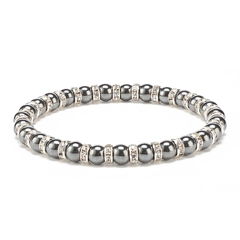 Synthetic Hematite Stretch Bracelet Rhinestone Beaded, Gemstone Jewelry for Men Women, Silver, Beads: 6mm, Inner Diameter: 2-1/4 inch(5.8cm)