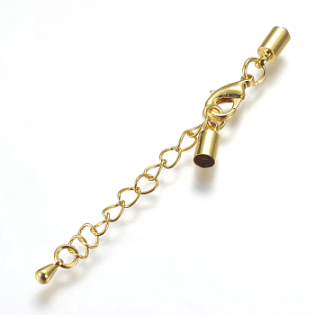 Brass Chain Extender, with Lobster Claw Clasps and Cord Ends, Long-Lasting Plated, Golden, 59~61mm, Cord End: 9x4mm, Inner Diameter: 3.5mm
