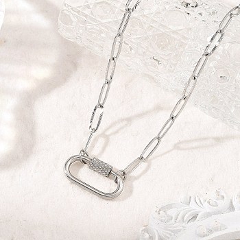 304 Stainless Steel Oval Screw Carabiner Lock Pendant Textured Paperclip Chain Necklaces, Tarnish Free, Stainless Steel Color, 17.32 inch(44cm)