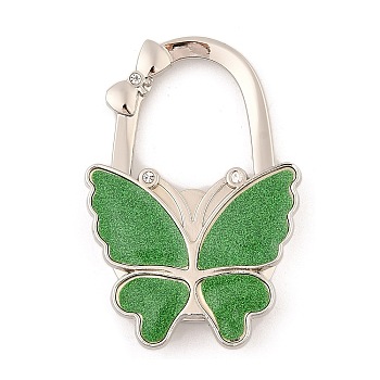 Glitter Butterfly Zinc Alloy Crystal Rhinestone Bag Hanger, Foldable Purse Hooks with Leather, Green Yellow, 70x49x10mm